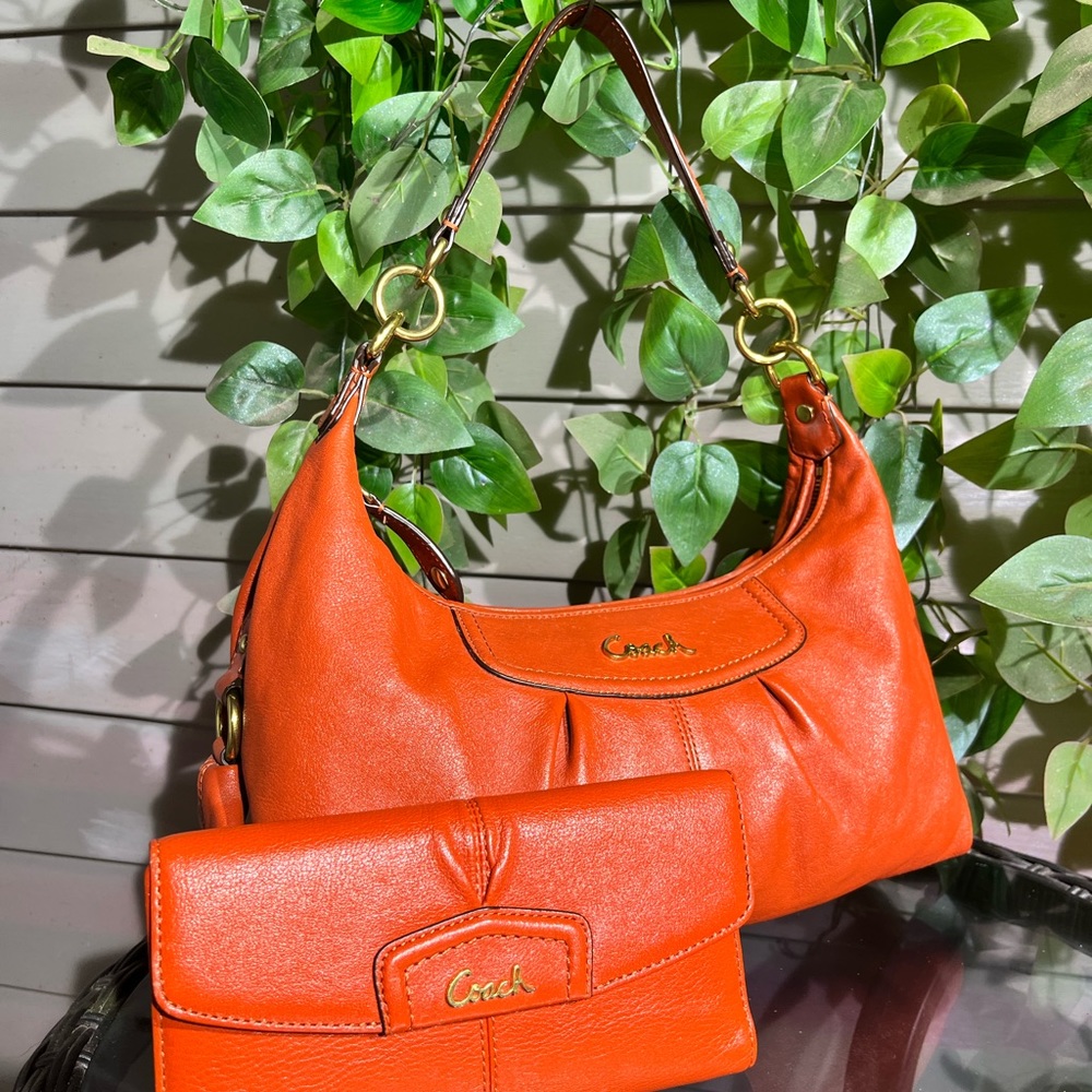 Burnt Orange Leather Small Coach Ashley Purse & Matching Wallet